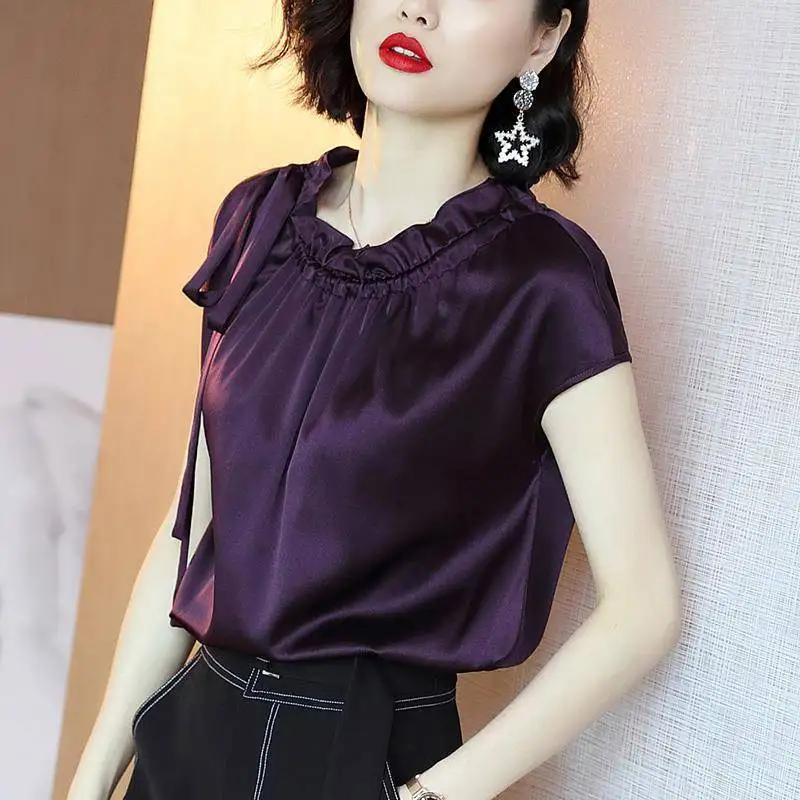 

Office Lady Solid Color All-match Shirt Fashion Stand Collar Shirring Loose Summer Short Sleeve Female Casual Bandage Bow Blouse