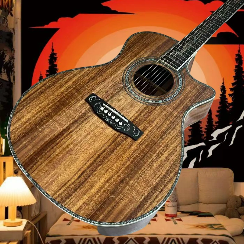 Free Delivery OM Acoustic Guitar Solid Top Luxury Large Vase Neck Abalone Shell Pattern KOA Body Exquisite Gift Beginner