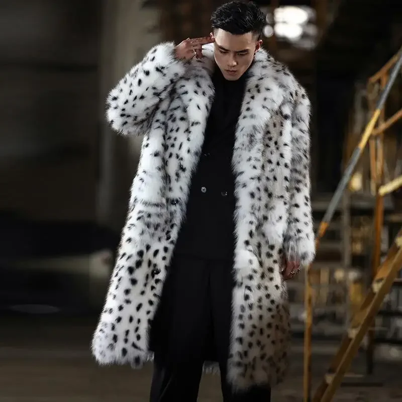 New Leopard Print Fur Integrated Man Coat Imitation Fox Fur Coat Trend Winter Warm Fur Jacket Thicken Men\'s Overcoat 2024