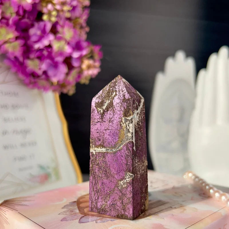 1pc Rare Natural Purporite Square Column - Carved from High-Grade Raw Quartz, Deep Purple Stichtite Tower