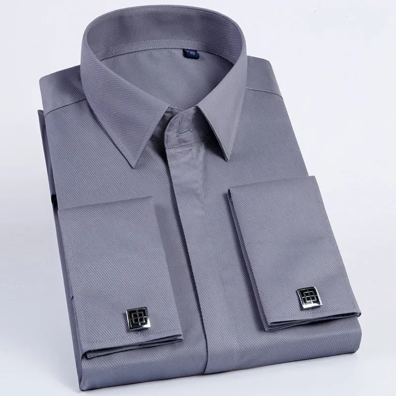 2026 Spring New Men's French Cufflinks Shirt Business Dress Sleeve Pin Solid Color Non-iron Shirt Slim Fit Korean Version