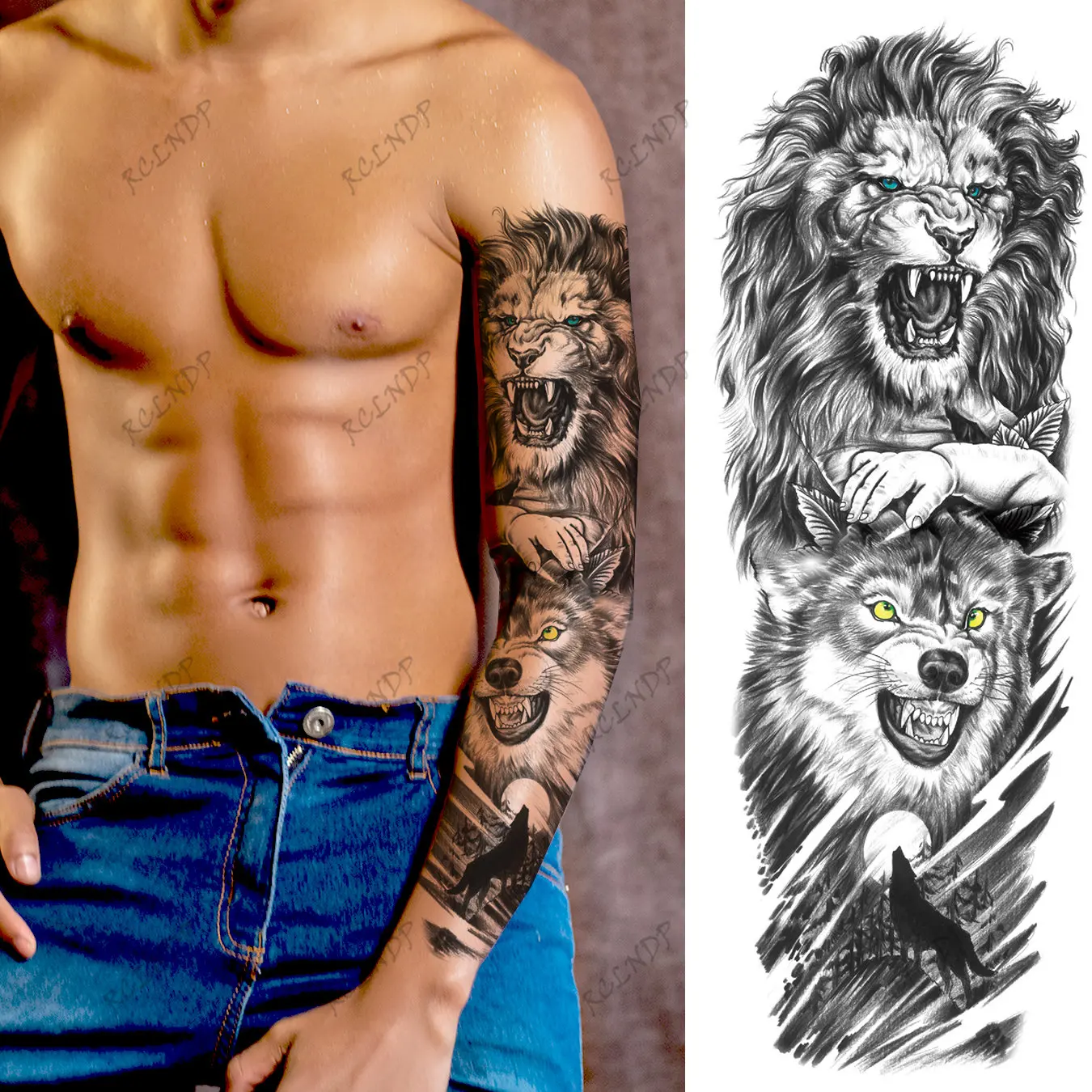 Waterproof Temporary Tattoo Sticker Lion Family Wolf Cross Bird Flower Fake Tatto Flash Tatoo Arm Sleeves Leg for Women Men