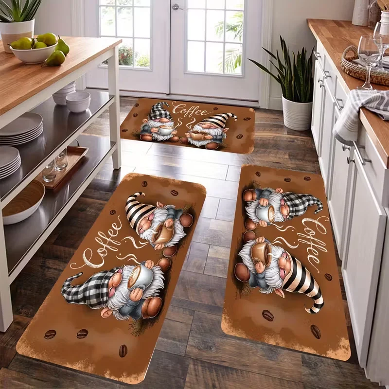 Coffee Dwarf Pattern Non-slip Kitchen Floor Mat Set Suitable for Bedroom, Living Room, Kitchen Doorway Anti-Slip Washable Mat