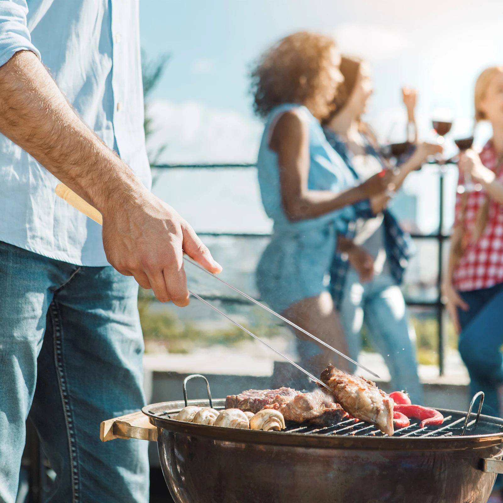 

12 pcs Stainless Steel Bbq Skewers Rustproof Long Handle Grilling Forks For Meat Hot Dog Stickers Reusable Bbq Supplies