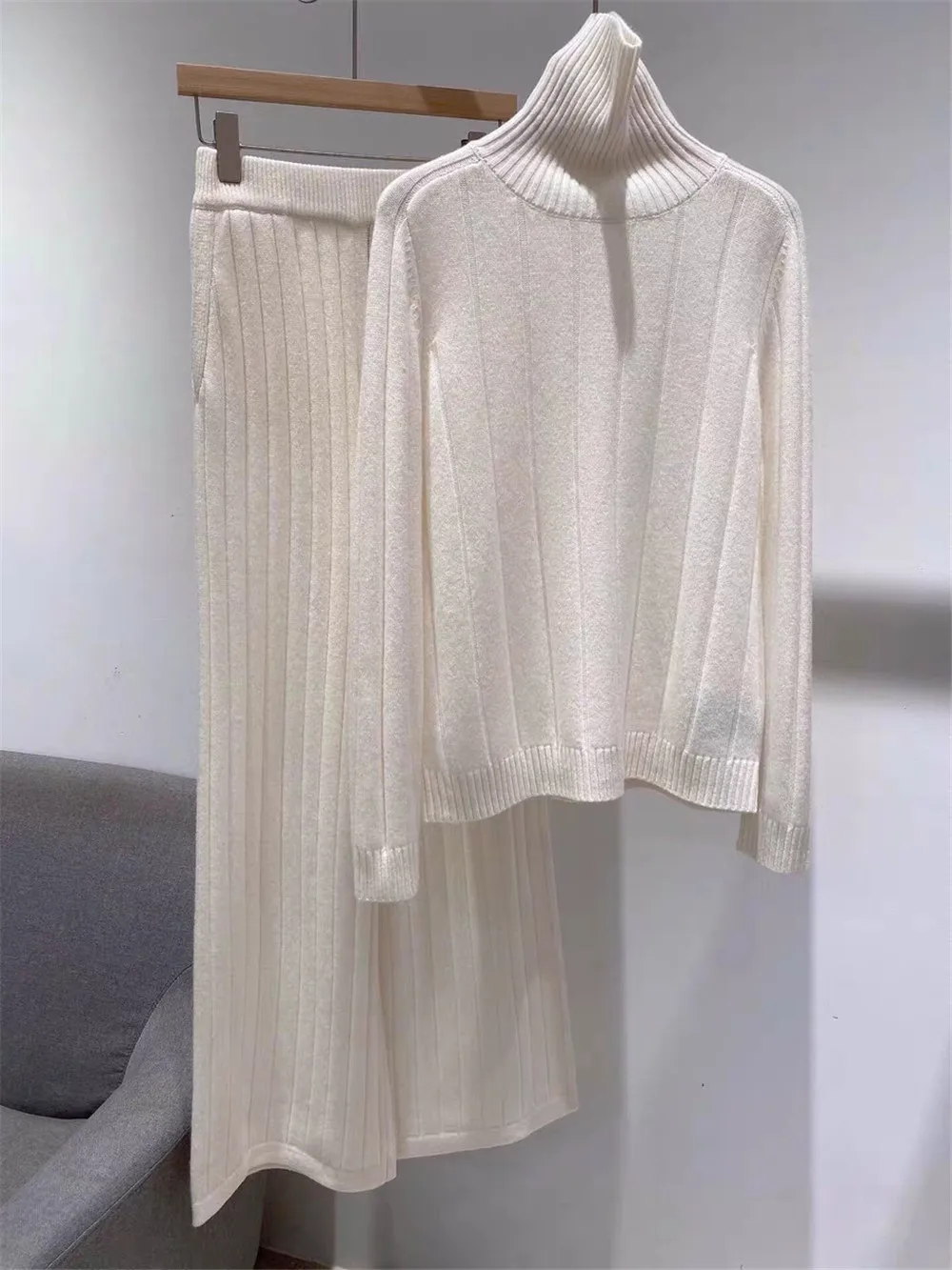 Women New 100% Cashmere Knit Set Turtleneck Sweater And Elasticated Waist Wide Leg Pants Two Piece Sef