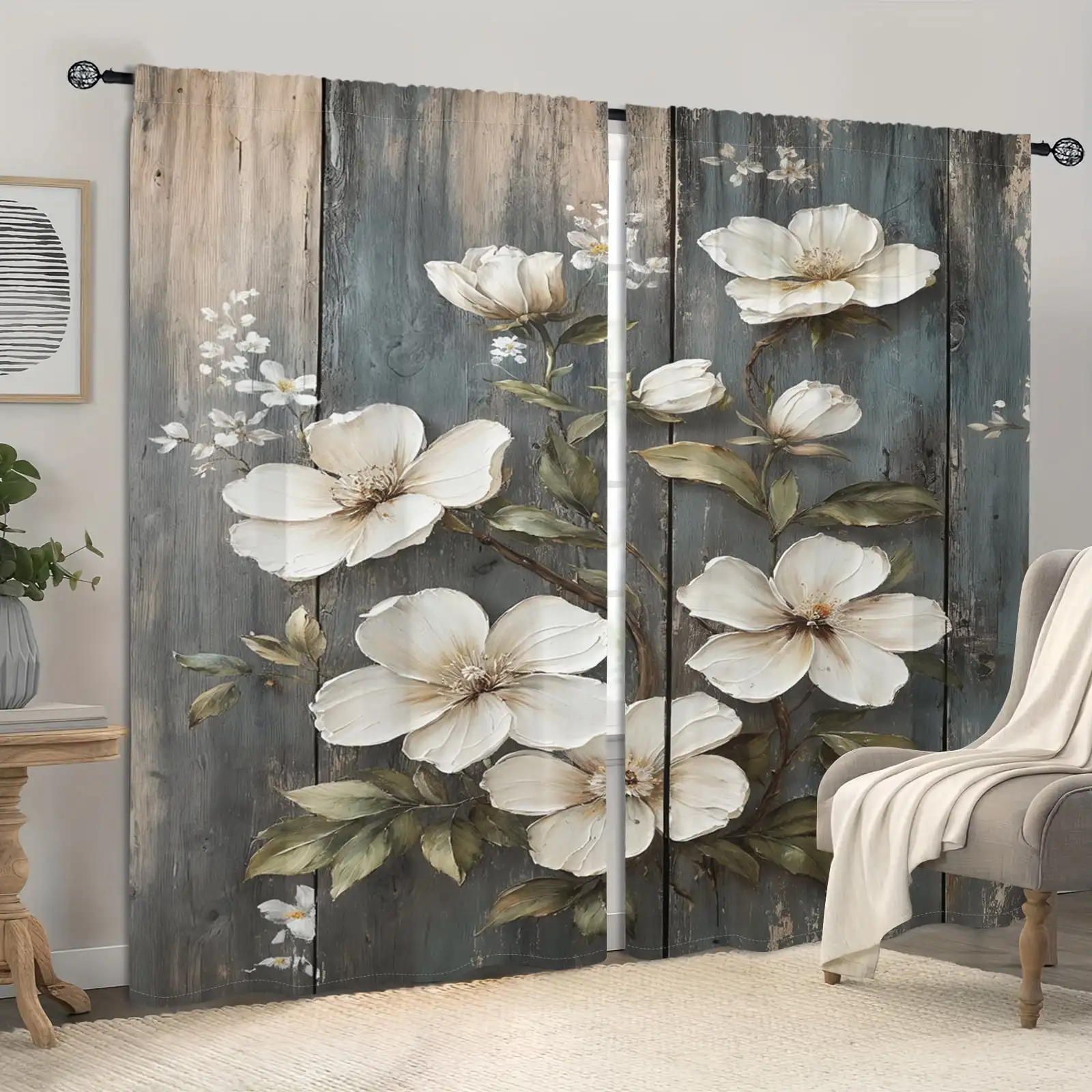 

2 шт. штор из полиэстера с эффектом персиковой кожи, винтажные, с узором под дерево и цветами, светопропускающие, для гостиной, спальни, офиса, домашнего декора