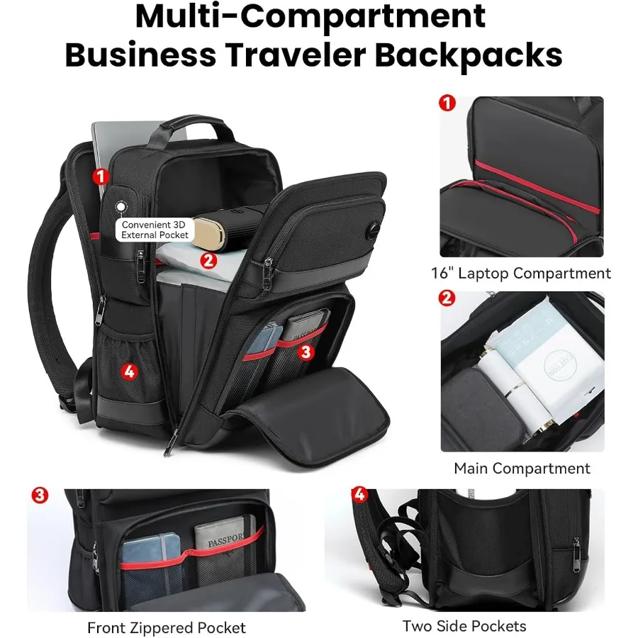حقيبة ظهر للكمبيوتر المحمول للأعمال للرجال، حقيبة ظهر للسفر تناسب مقاس 16 بوصة، حقائب نهارية كاجوال للكمبيوتر، منفذ شحن USB للمياه