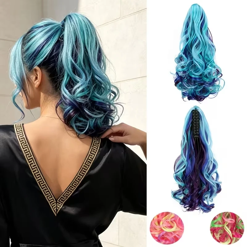14Inch Synthetic Gradient Rainbow Short Curly Ponytail Hair Extension Claw Clip Hairpiece for Women Cosplay Party Accessory