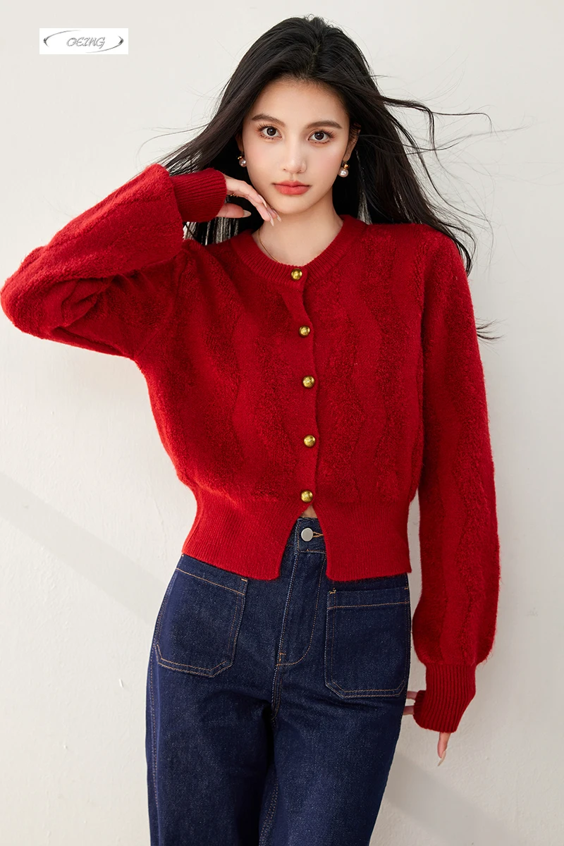 

New Year Red Sweater Women Short Cardigan Autumn Winter Single Breasted Slim Korean Style Elegant Knitted Tops Knitwear 3507