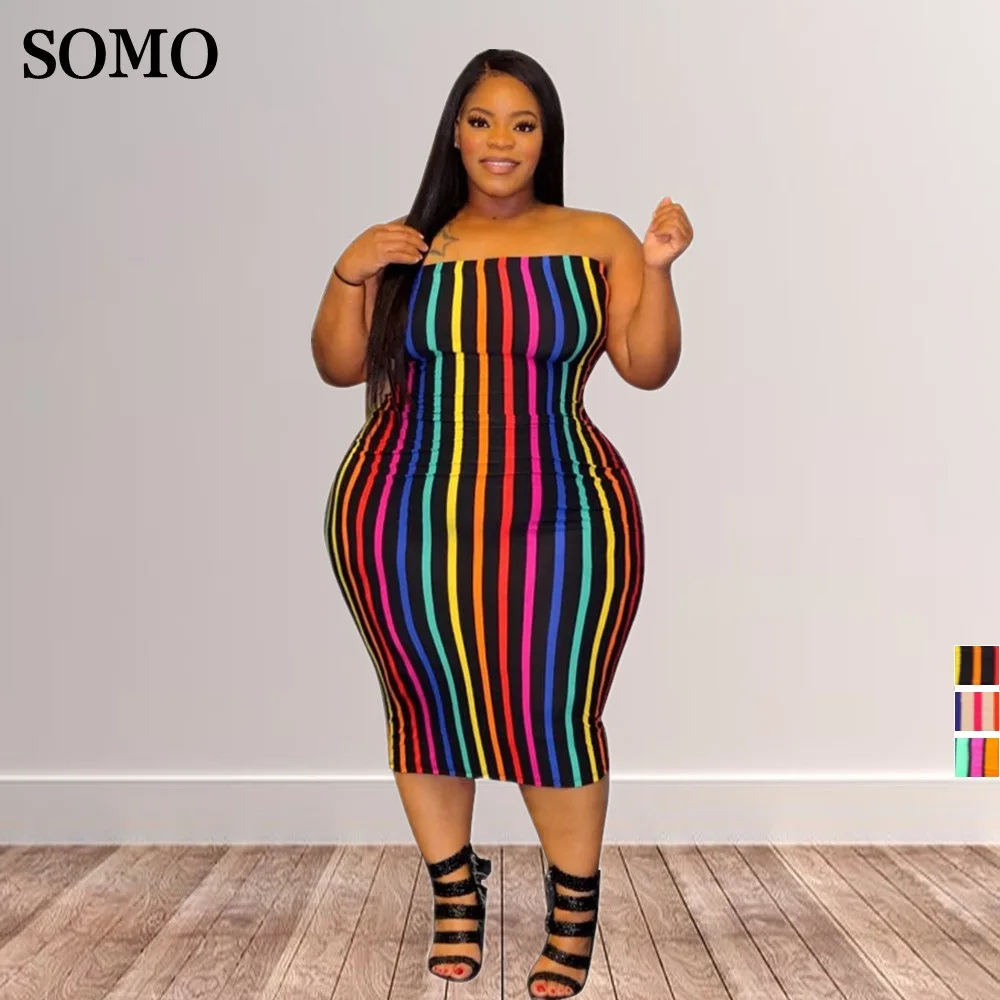 Summer Dresses Off Shoulder Strapless Sleeveless Printed Rainbow Stripe 4XL Plus Size Women Dress Sexy Wholesale Dropshipping