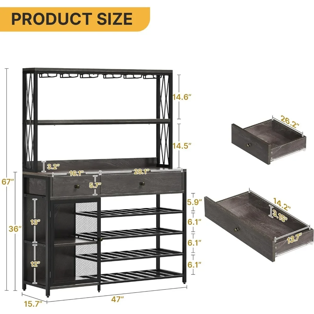 Imagem -02 - Grande Wine Rack Gabinete para Copos de Licor Coffee Bar com Luzes Led Porta Prateleiras e Gavetas Casa e Cozinha 47 in