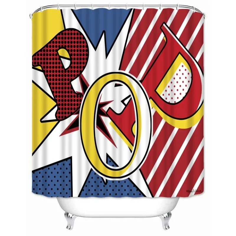 Super-Hero Shower Curtain Comic Style Effects Humor Speech Bubbles Funny Vivid Cartoon Bang Boom Pop Art Illustarion Design