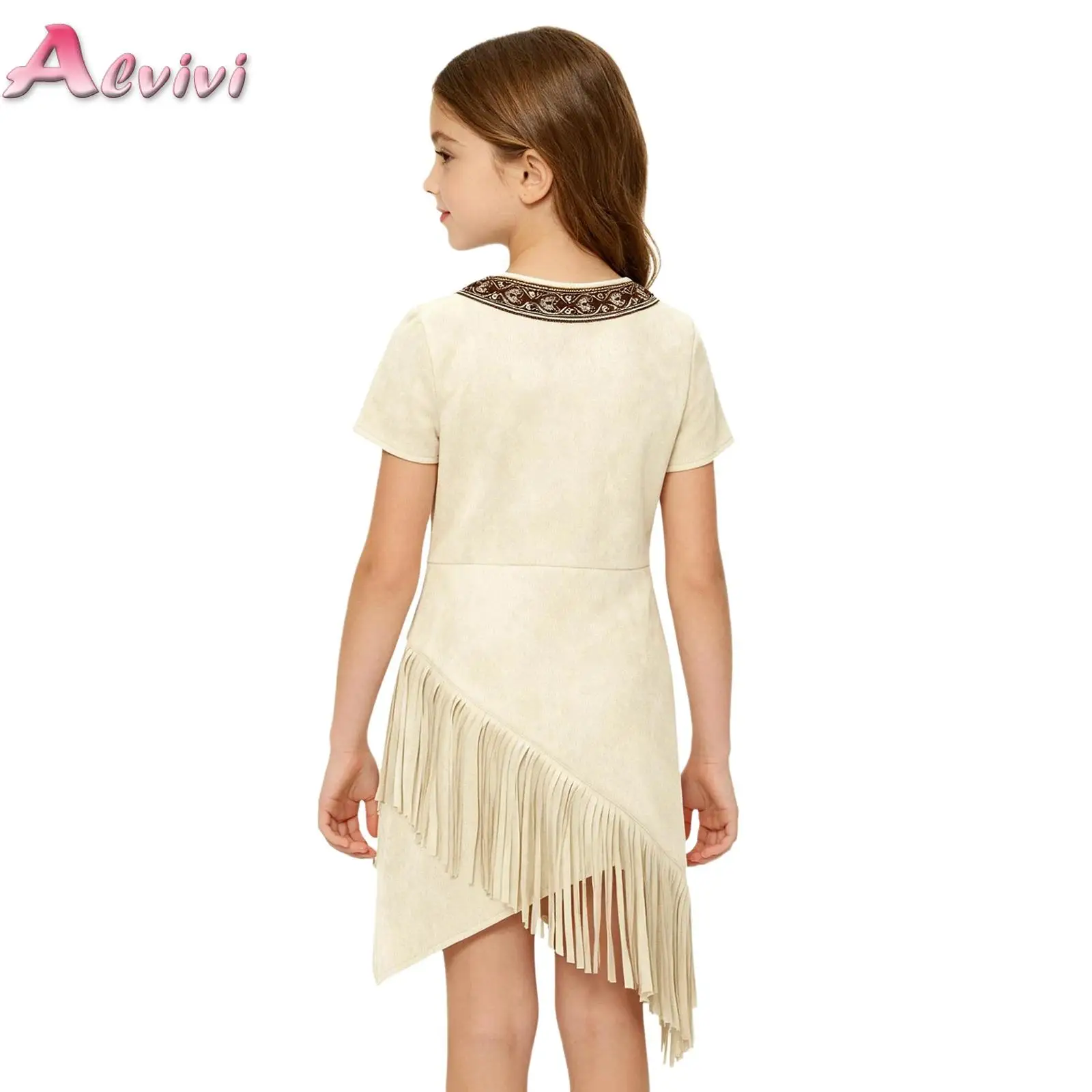 Girl American Indian Indigenous Princess Costume Native American Caveman Halloween Cosplay Dress Up Irregular Tassel Suede Dress