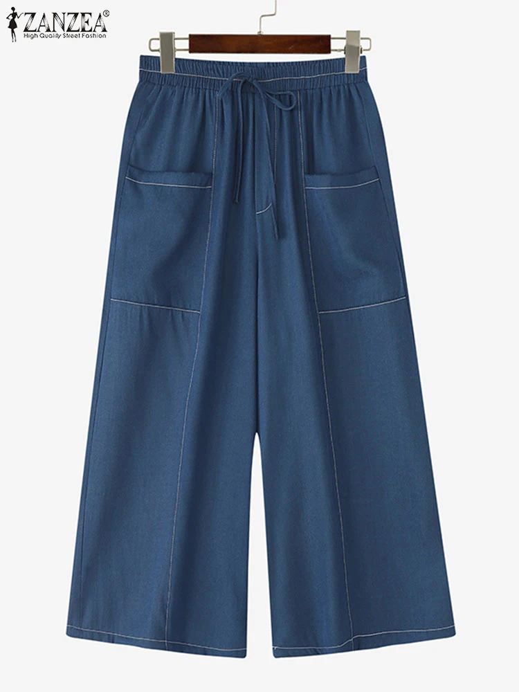 ZANZEA, pantalones vaqueros de pierna ancha para mujer, pantalones holgados informales con cordones, pantalones de verano con bolsillos, pantalones de cintura liso elástico 2025, S-3XL