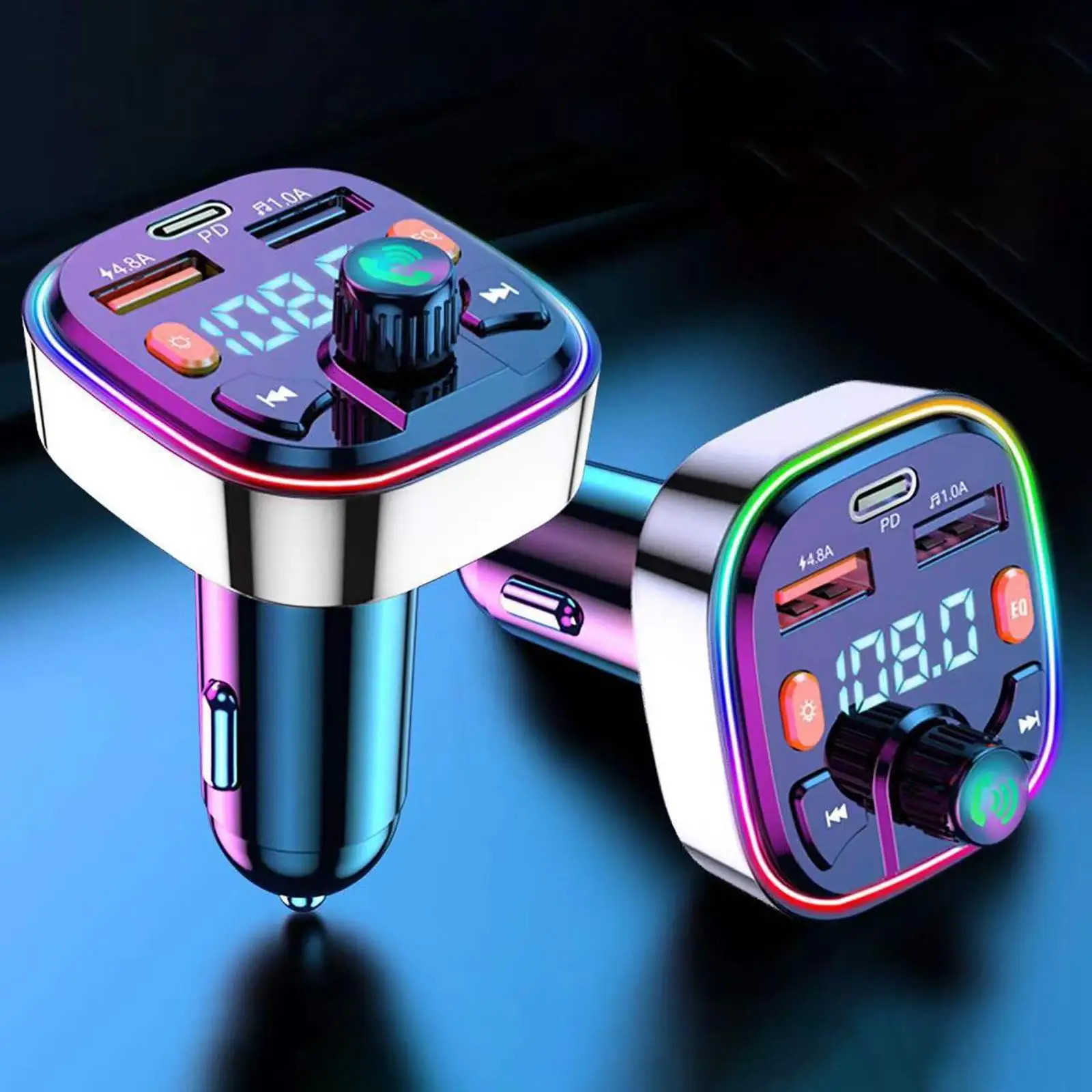 Car Charger PD 2 USB Port Type C Support USB Disk with 7 LED RGB Color Car Modulator