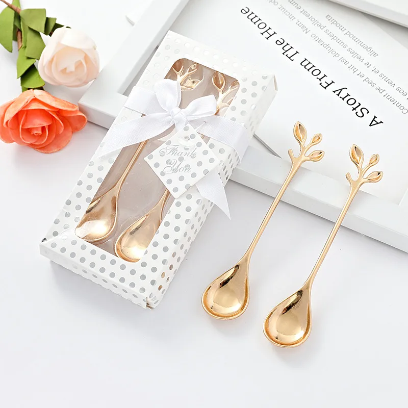 

(60Pcs=30sets) Wedding souvenirs of Chrome Leaf Coffee spoon Wedding Gifts For Birthday Party Favors and Bridal Shower gifts