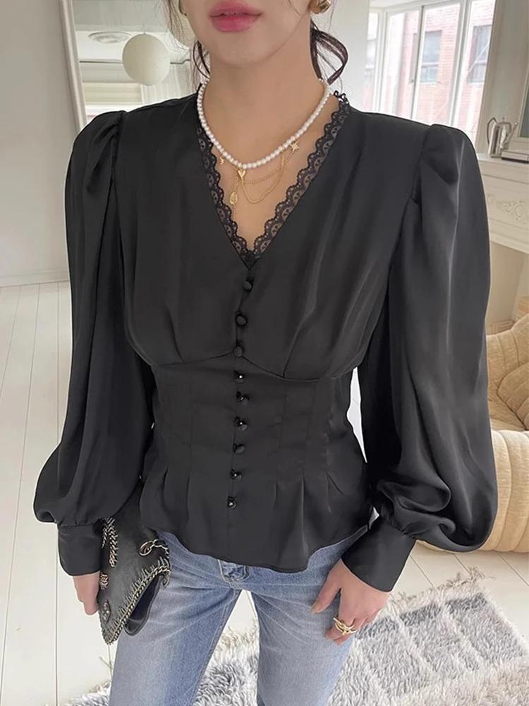 

Ele Spring Chic женская повседневная офисная одежда с v-образным вырезом и пуговицами на талии, с цветочной кружевной отделкой