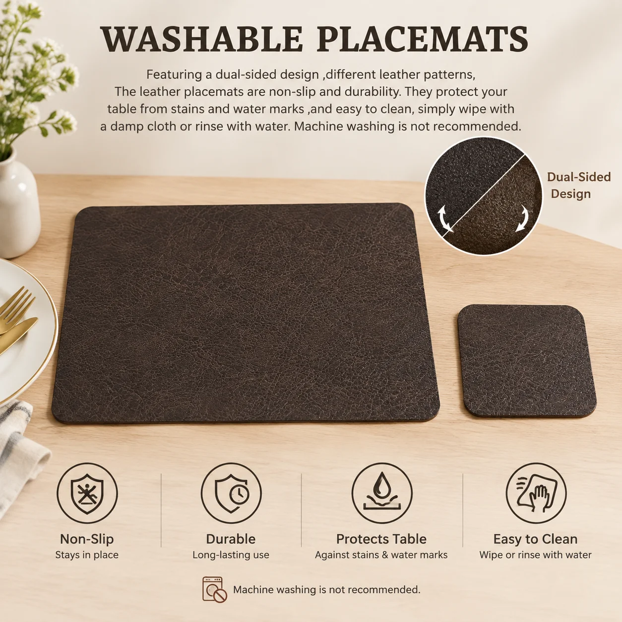 Square Imitation Faux Leather Kitchen Dining Table Insulation Placemat Non-Slip Waterproof Double-Sides PU Table Place Mats
