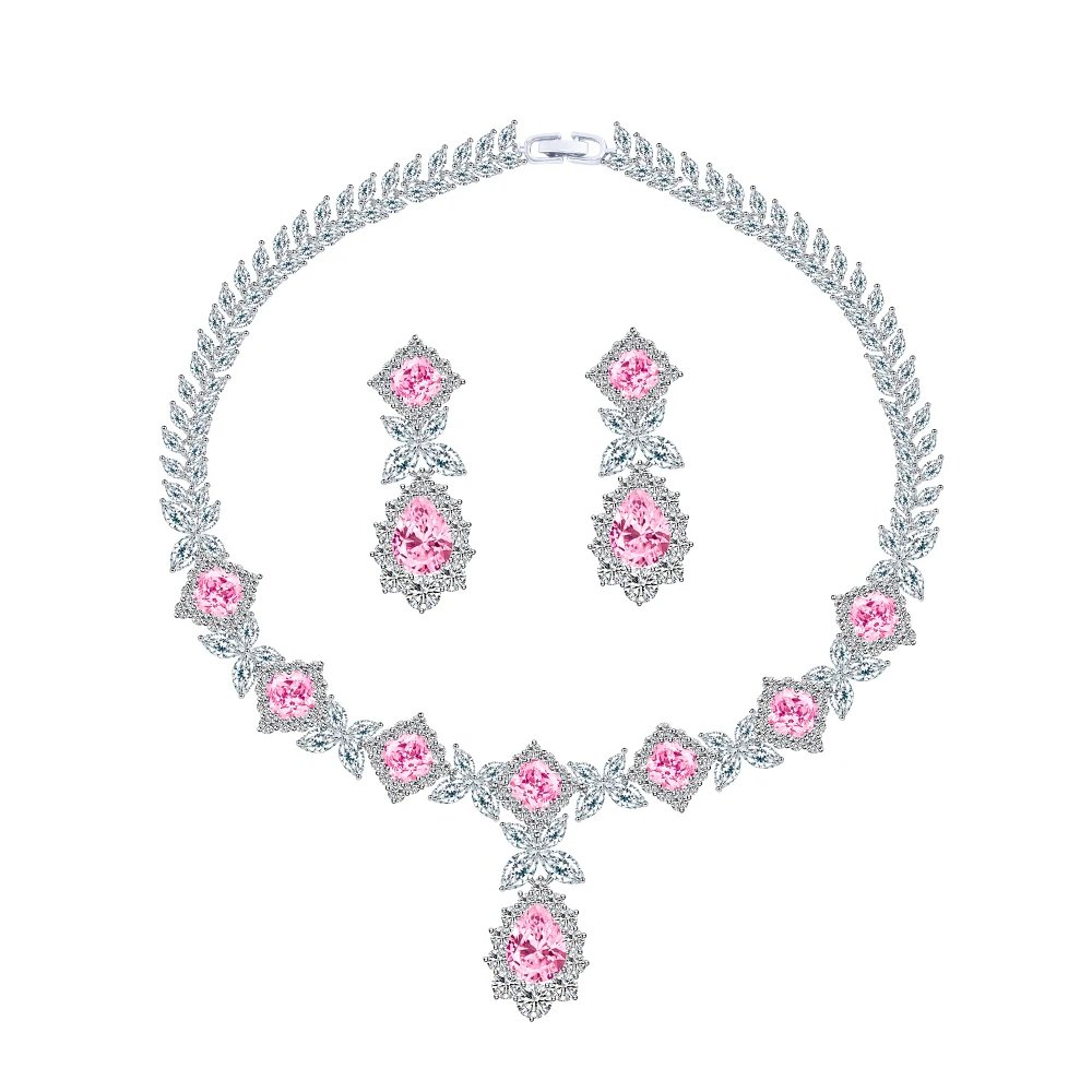 ThreeGraces Luxury Sparkling Pink Water Drop Zirconia Big Flower Bridal Wedding Evening Party Jewelry Set for Women T1092
