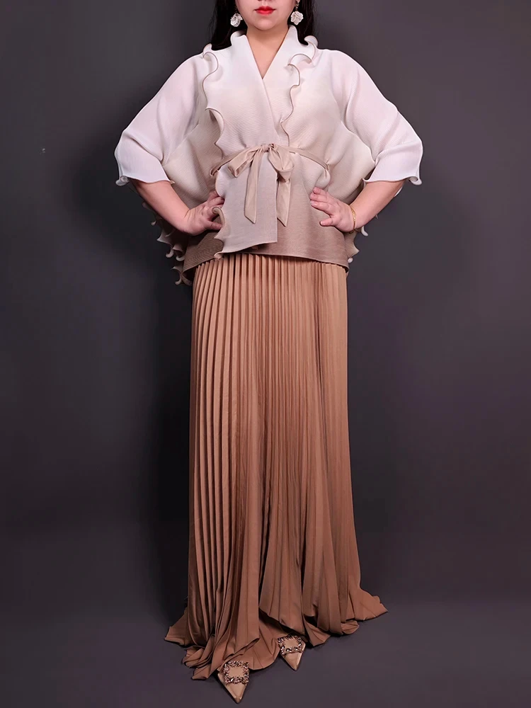 

ANLAN 2025 Spring New Pleated Two Piece Sets Women Ruffles Gradient Belt Tops + High Waist A-line Long Skirts Elegant New 2AN090