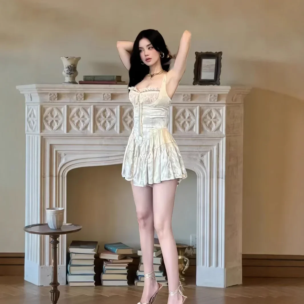 Mini abito medievale in raso retrò da donna Corsetto in pizzo floreale jacquard monopezzo Cami Pagliaccetti Data Abiti estivi per uscire