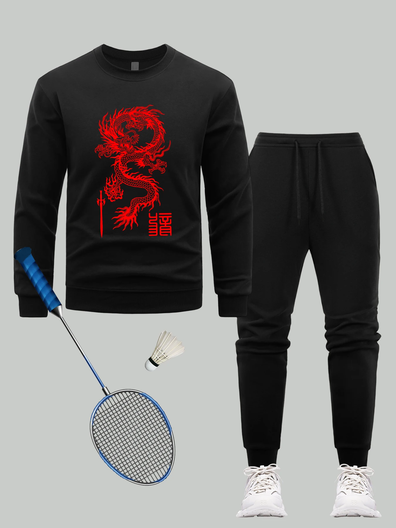 

Мужской свитшот с принтом летающего дракона и меча, осенний повседневный пуловер, теплые флисовые спортивные штаны, свободный модный комплект одежды из 2 предметов