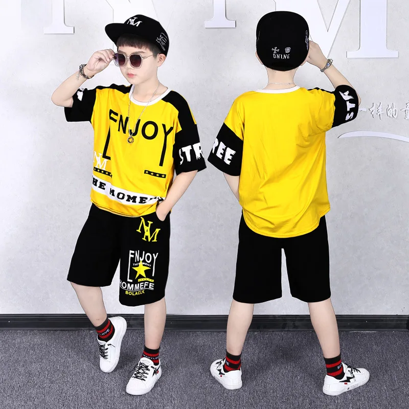 

4-16T Boy Fashion Casual Sport Suit Clothing Set Print Short Sleeve Knitted Children Teens Clothes 2023 Summer New