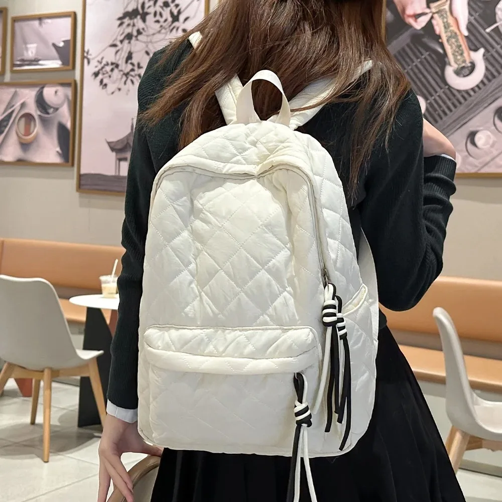 Cute Girls Quilted Backpack Tassel Decor Lightweight Multi-purpose Shoulder Bag for Daily Commute School Travel