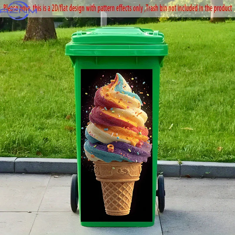 2D Flat Printing 1pc 2D Pattern Printed Kitchen Trash Can Sticker, xcm, Colorful Ice Cream Cone Feast Theme Kitchen Home Decor