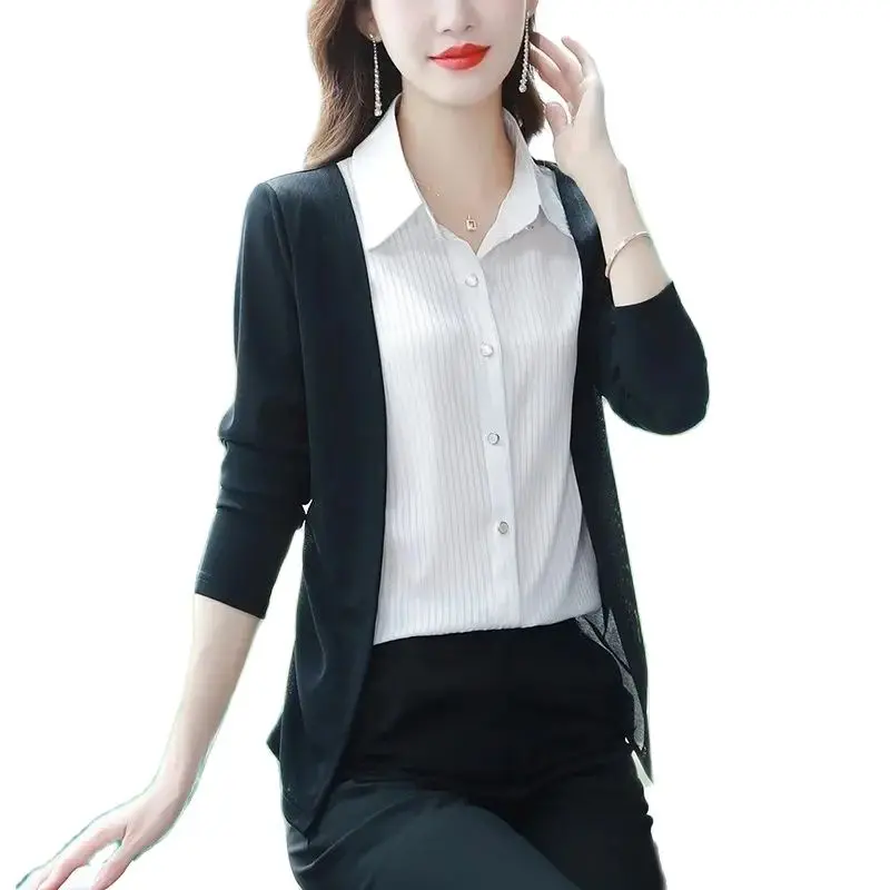 

Spring Autumn Cardigan Sweater Women 2025 New Loose Polo Neck Fake Two Pieces Knitwear Shirt Fashion Single-Breasted Top Female