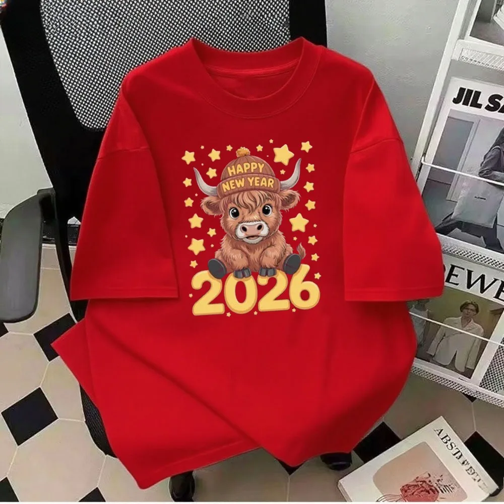 Christmas Lights Cow Sweatshirt Happy New Year 2026 Christmas Cow Shirt Comfortable Personality Men Unisex Tops Short Sleeve