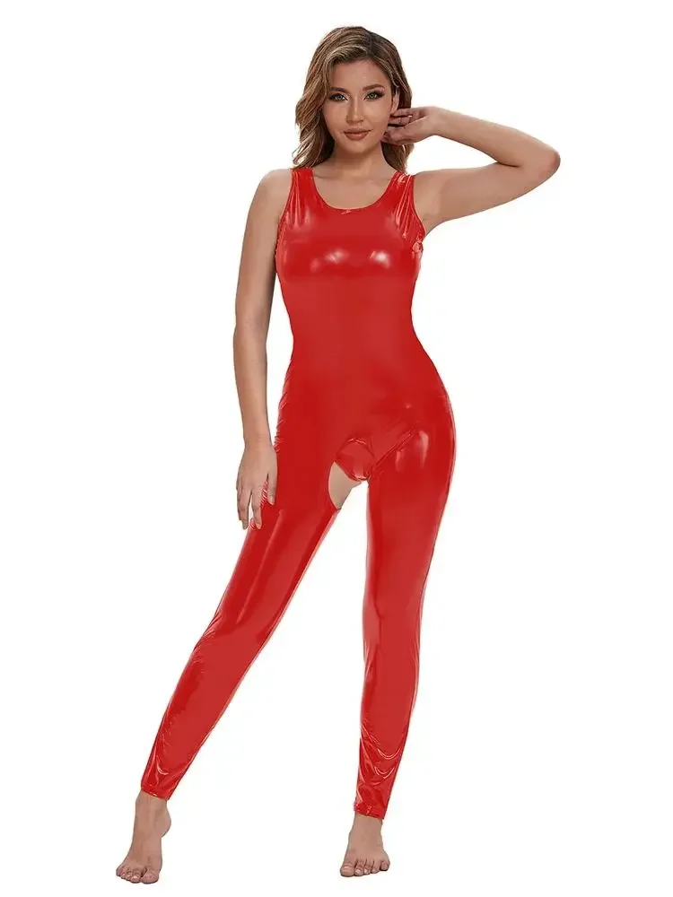 S-5XL أكمام نظرة الرطب PVC Catsuit لامعة بولي Leather الجلود Crotchless مفتوحة المنشعب ارتداءها الجوارب مثير يوتار الملتصقة بذلة