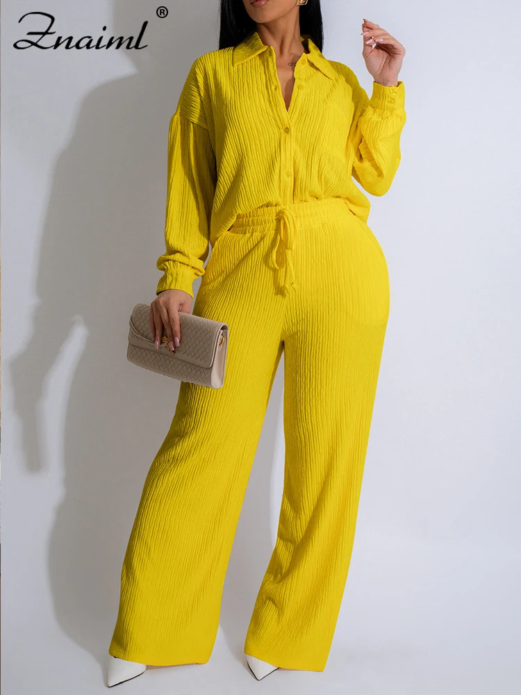 Znaiml Elegant Wrinkled Fabric Suit for Women Solid Lapel Long Sleeve Coat Tops and Wide Leg Pants 2 Piece Set Female Streetwear