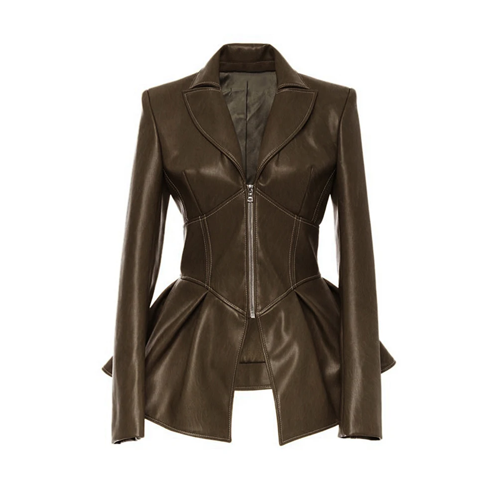 Dámská motorkářská bunda z umělé kůže, pevná, na zip, klopa, slim fit, s dlouhým rukávem, módní pu kožené svrchní oblečení, dámské bundy pro ženy - náhled 4