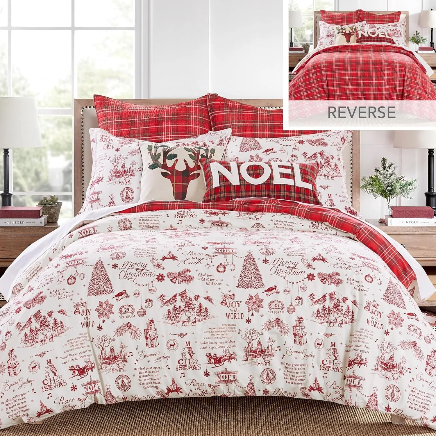 King Holiday Comforter 106x94 and Two King Pillow Cases 20x36 - Christmas Holiday Script - Red and Cream - Cotton