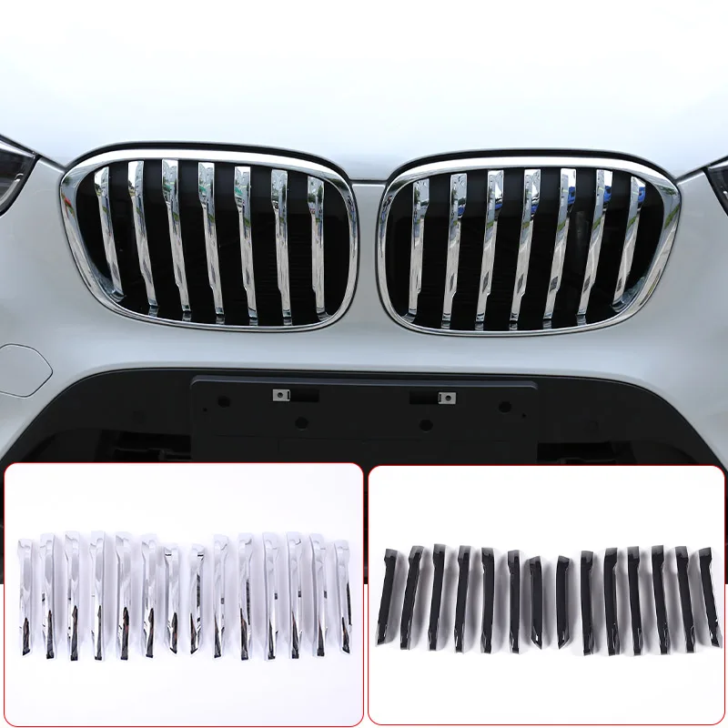 For BMW X1 F48 2016-2019 ABS Glossy Silver Car Front Grill Decor Bright Strip Exterior Grille Cover Trim Car Accessories