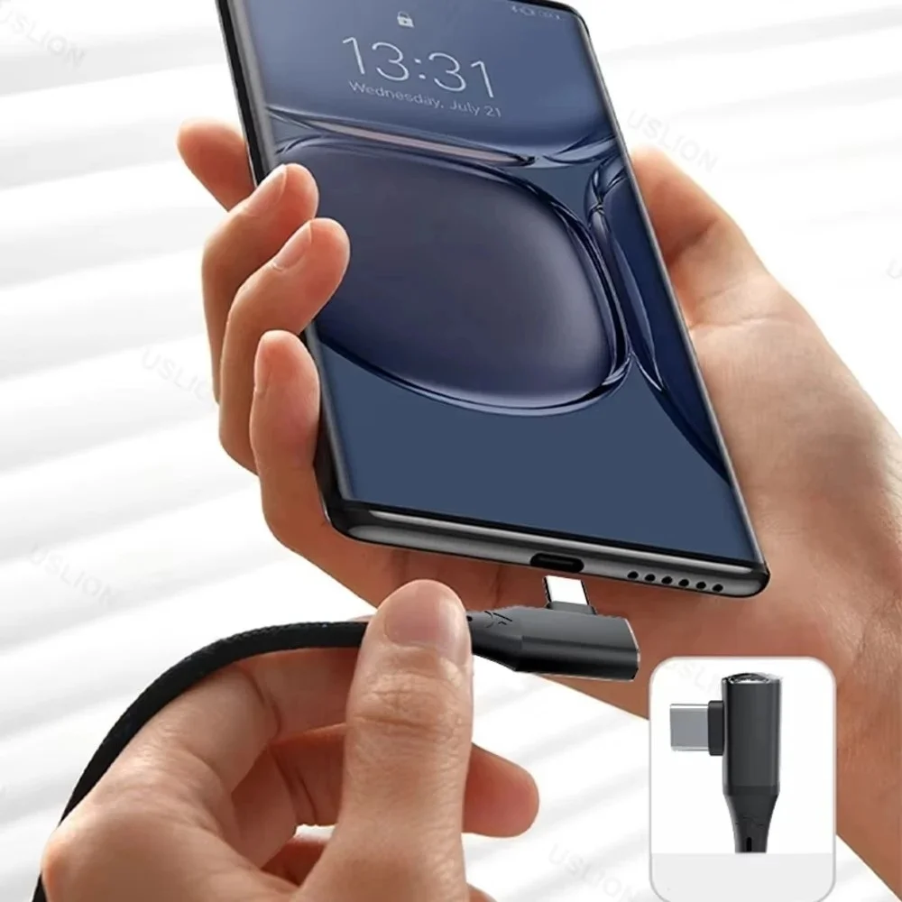 120W 90 °   Cable de datos USB tipo codo a tipo C Cable trenzado de nailon de carga rápida para iPhone Samsung Huawei Cable de carga rápida