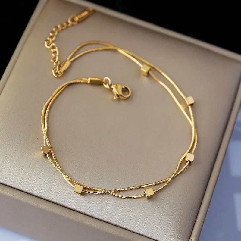 Exquisite Geometric Square Block Double Layer Bracelet for Women Personality Gold Color Stainless Steel Bangle Jewelry Accessory