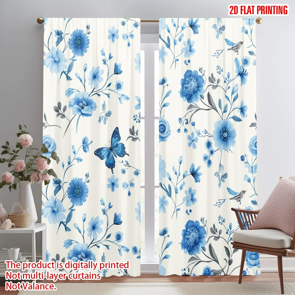 2pcs 2D flat printing Drapes Blue flower bird pattern Fabric Without Electricity Family Party Use for General Festive and Winter