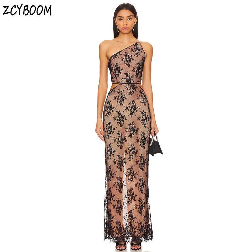 Customized Charming One-Shoulder Lace Backless Lace Open Back Sleeveless Evening Dress 2025 A-Line Side Slit Zipper Prom Dress