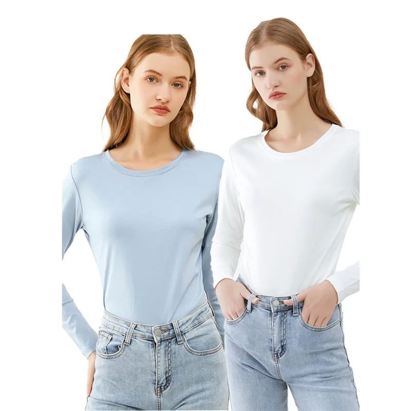 

Double-sided Mercerized Cotton T-shirt Spring Autumn Women Long Sleeve Round Neck Basic Tops