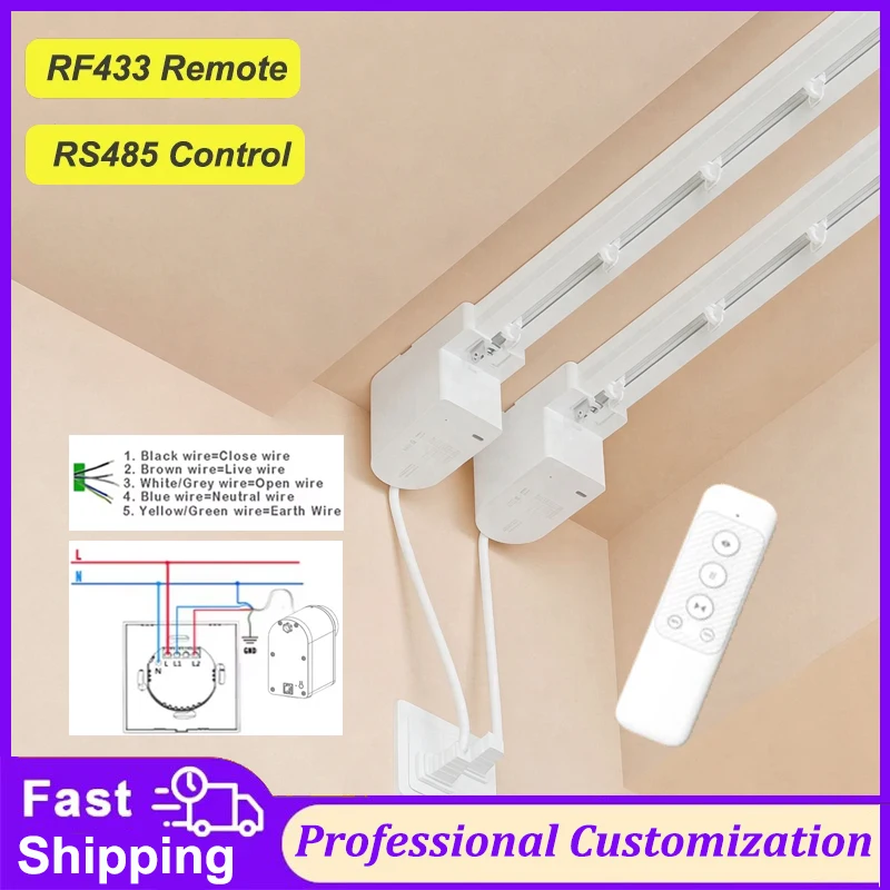 Mini 5-Wire Curtain Motor Track Set with RS485 Contact/RF433 Control Customizable Remote Control Cornice Rail for Home Automatio