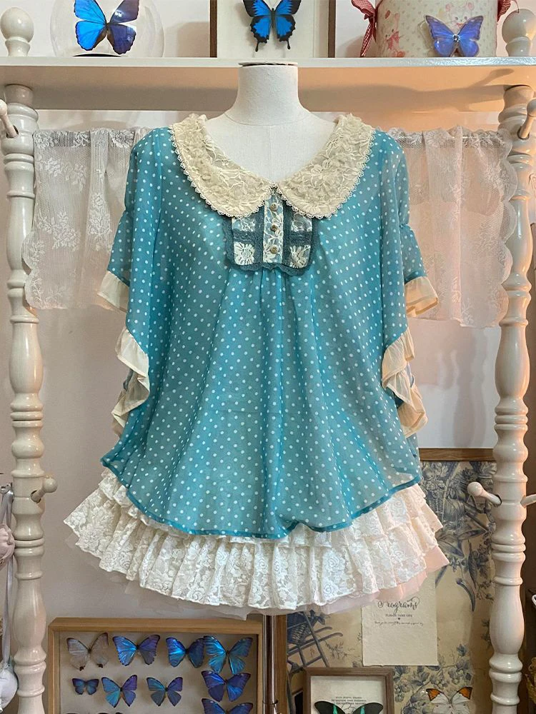 

Винтажный комплект с воротником в стиле кукольного платья, в горошек, с короткими рукавами, летний топ и кружевная юбка, модное платье миди в ретро-стиле