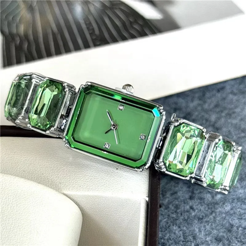 New Fashion Brand Wrist Watches Women Girl Beautiful Rectangle Colorful Gems Design Steel Metal Band Clock S72