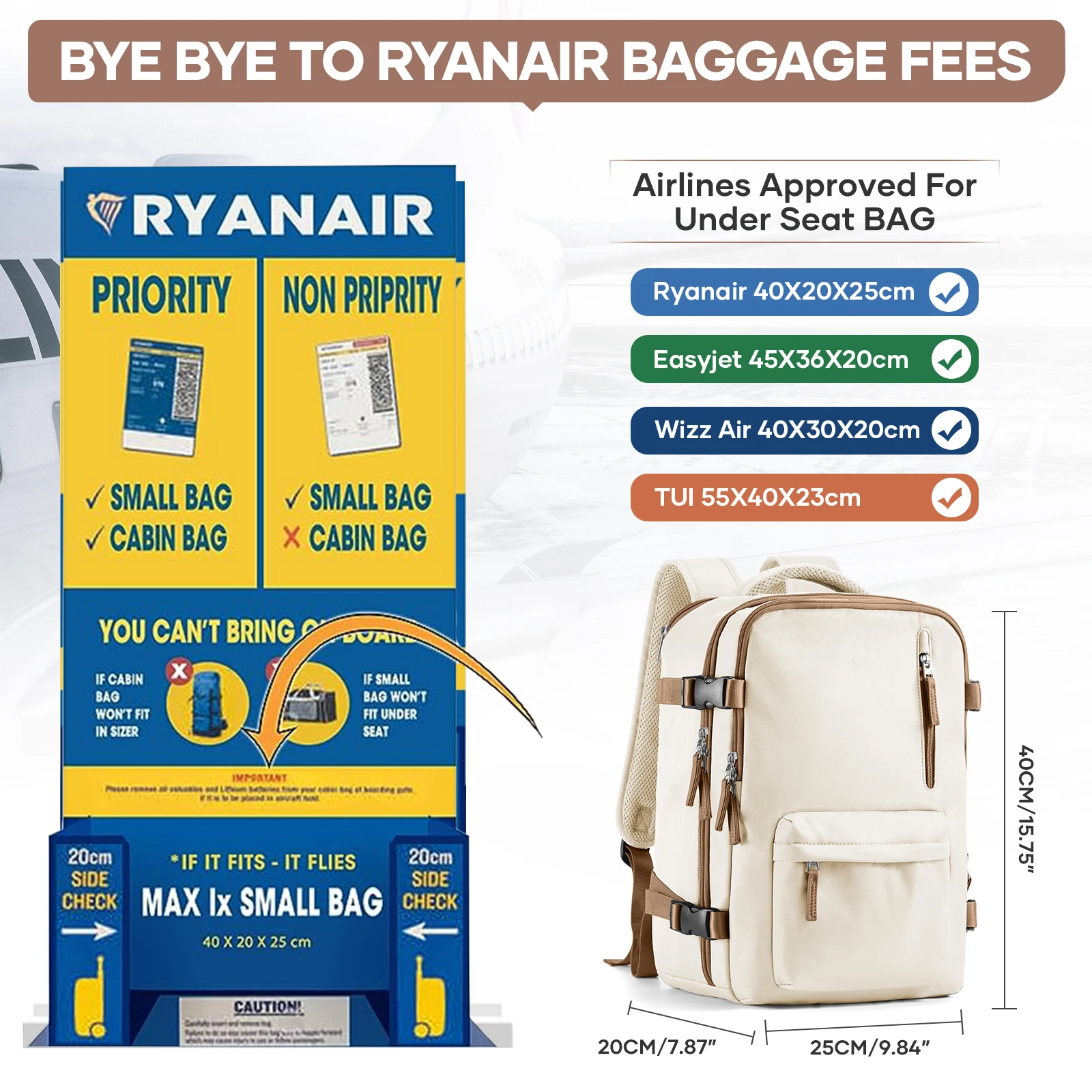 Ryanair 여성용 여행 배낭, 캐빈 백, 개인 배낭 휴대, 이지젯 핸드 러기지, 남성 45x36x2 0 배낭, 40x20x25