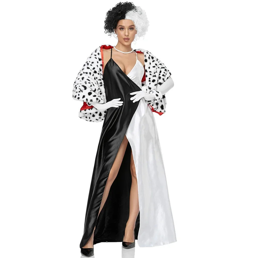 

Women's Sexy Black and White Witch Cape With Shawl Sling Dress Halloween Circus Cape Spotted Dog Leopard Print Suit Costume