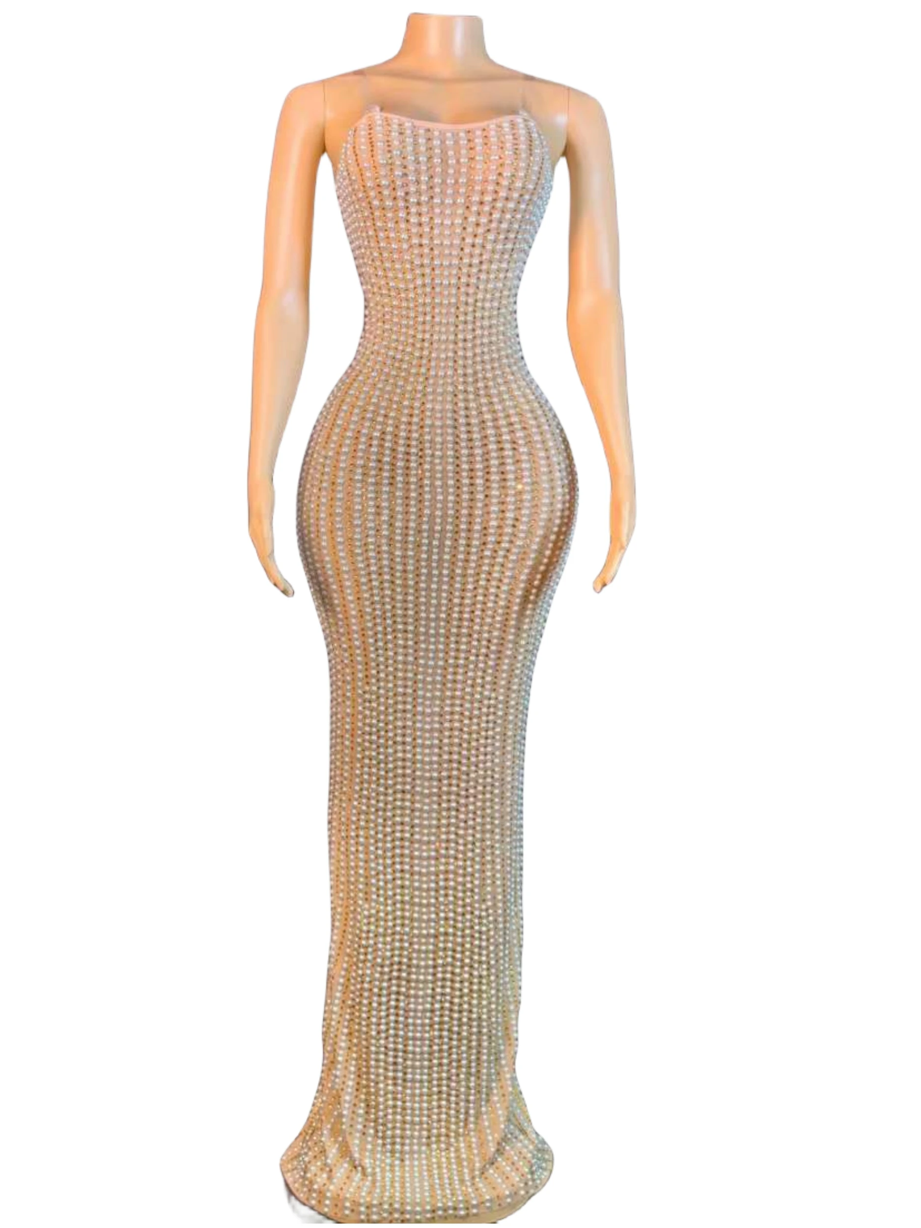 

Pearl Women Long Dress Elegant Birthday Queen Outfit Singer Evening Party Stage Wear Sleeveless Luxury Costume