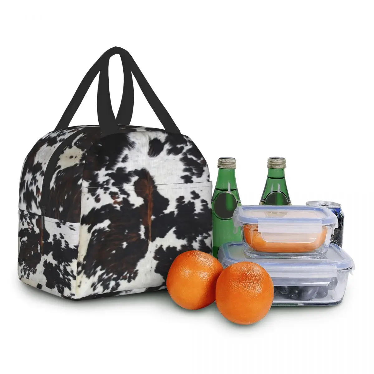 Borsa da pranzo con stampa mucca con struttura in pelle bovina animale per ufficio scolastico Picnic a tenuta stagna isolata Cooler Thermal Lunch Box donna bambini