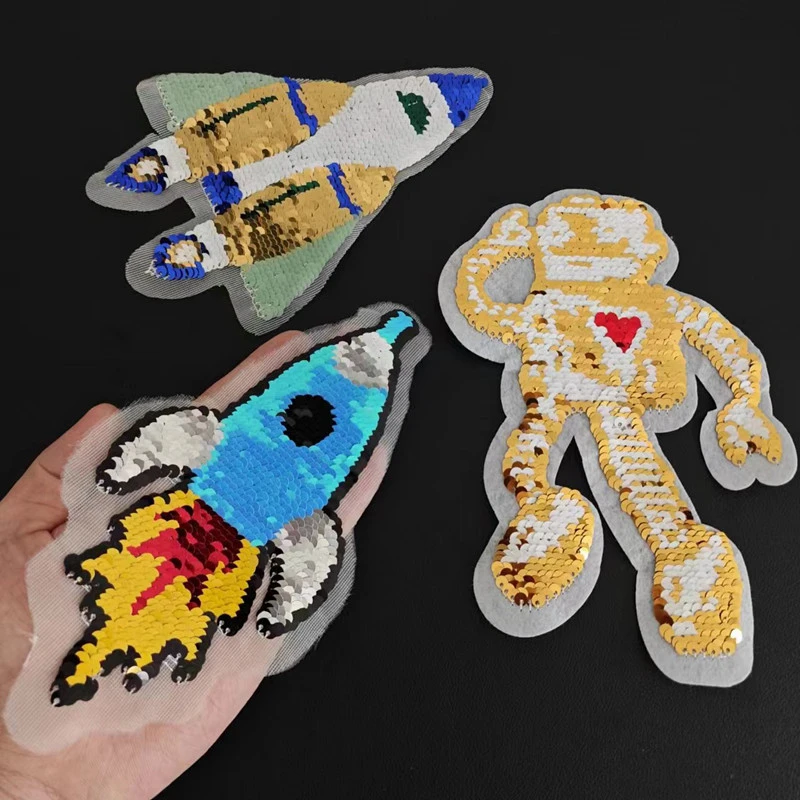 Reversible Sequin Rocket Robot Patch Embroidery Applique Double-Sided Two-Tone Design for DIY Decoration for T-Shirts and Fabric