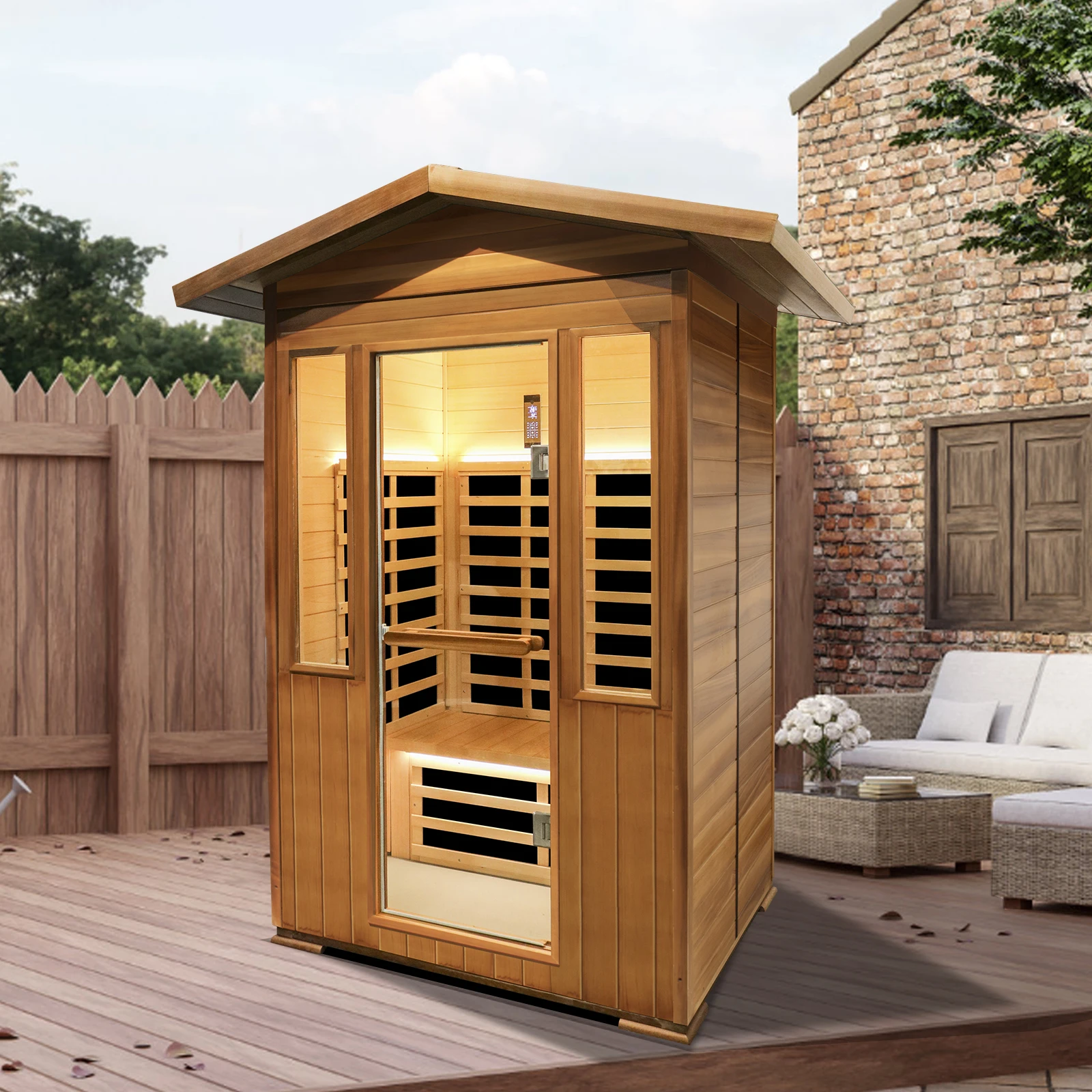 Outdoor Double Red Cedar Far Infrared Wooden Sauna Room Cabin House